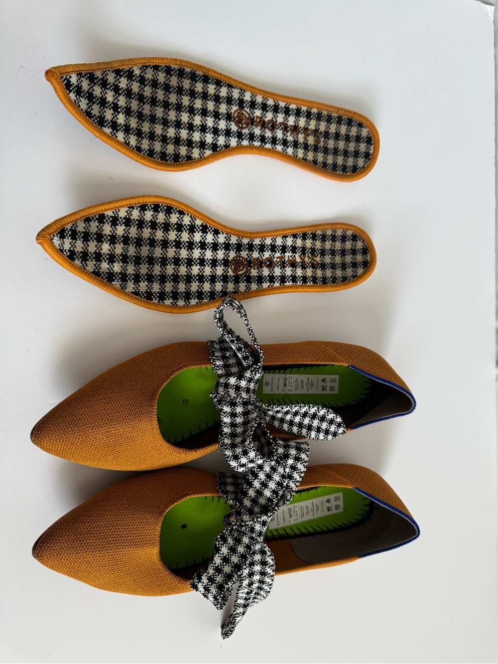 Rothy’s Women’s Mustard Pointed-Toe Bow Flats with houndstooth ties - size 10 - Picture 4 of 5